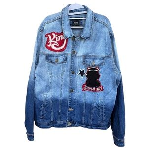 PYFD Mens Blue Denim Patches Workwear Angel Thrasher Punk Jacket Size 3XL